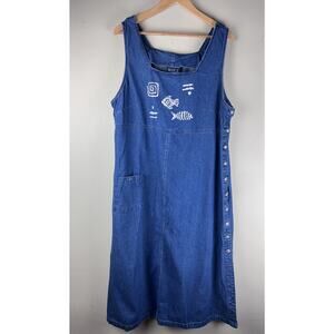 Blue J Dress Womens 2X Blue Jumper Sleeveless Fish Dress Vintage Denim Button